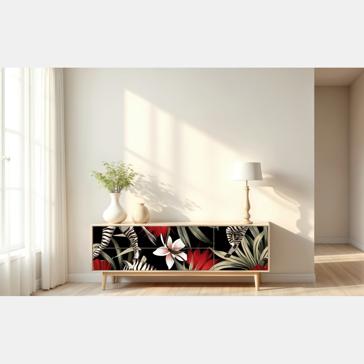 Naklejka repozycjonowalna tropikalny wzór zebry i kwiatów – Wallissimo® Naklejka repozycjonowalna tropikalny wzór zebry i kwiatów – Wallissimo®