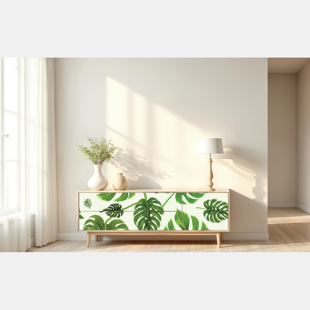 Naklejka repozycjonowalna wzór tropikalnych liści monstery – Wallissimo® Naklejka repozycjonowalna wzór tropikalnych liści monstery – Wallissimo®