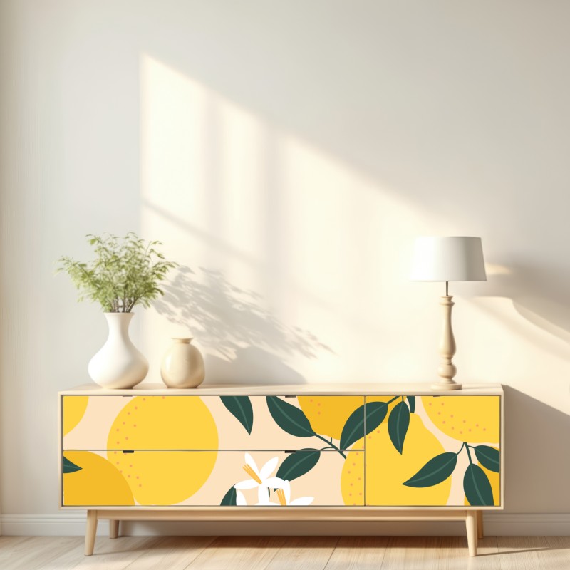 Naklejka repozycjonowalna jasny wzór z cytrynami i kwiatami – Wallissimo® Naklejka repozycjonowalna jasny wzór z cytrynami i kwiatami – Wallissimo®