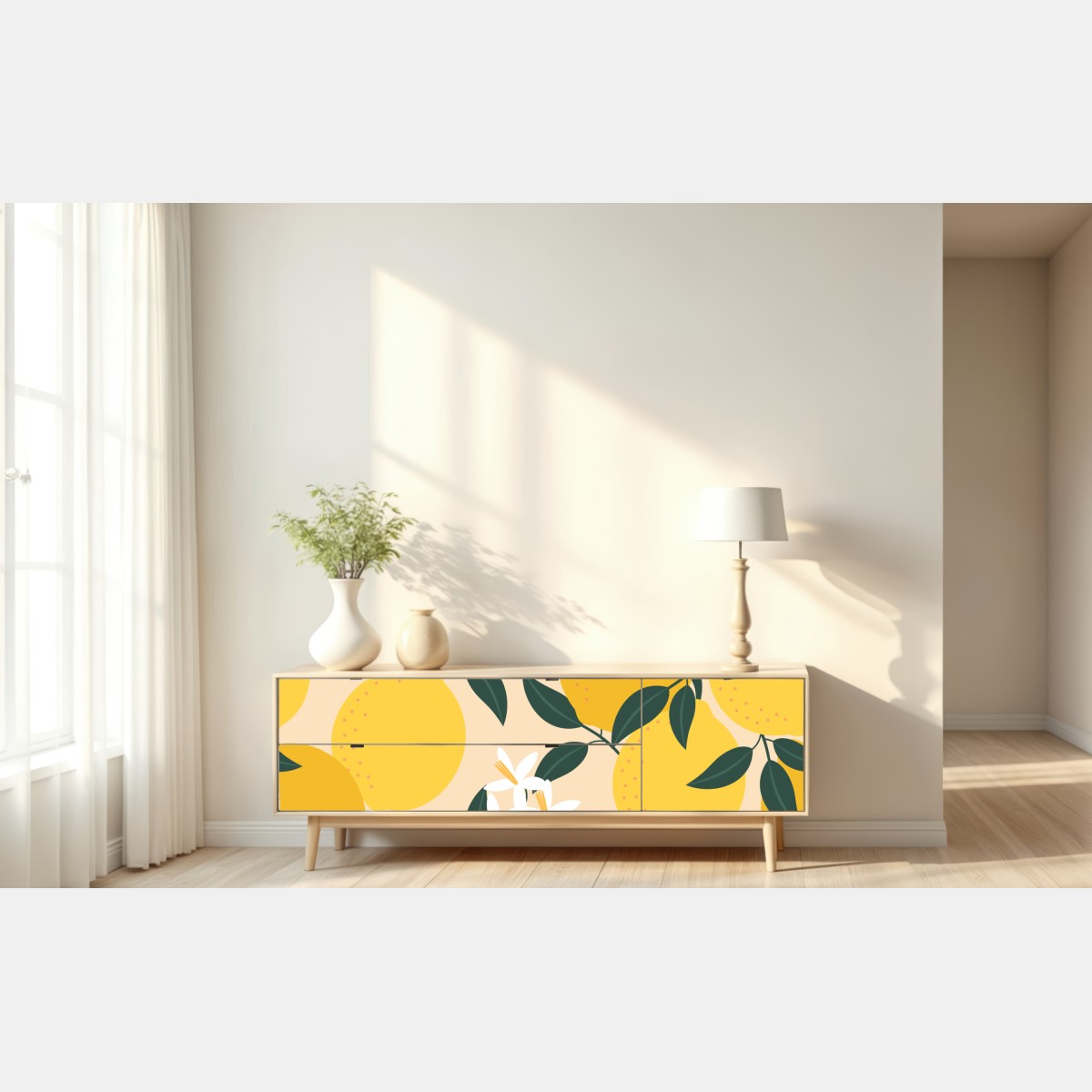 Naklejka repozycjonowalna jasny wzór z cytrynami i kwiatami – Wallissimo® Naklejka repozycjonowalna jasny wzór z cytrynami i kwiatami – Wallissimo®