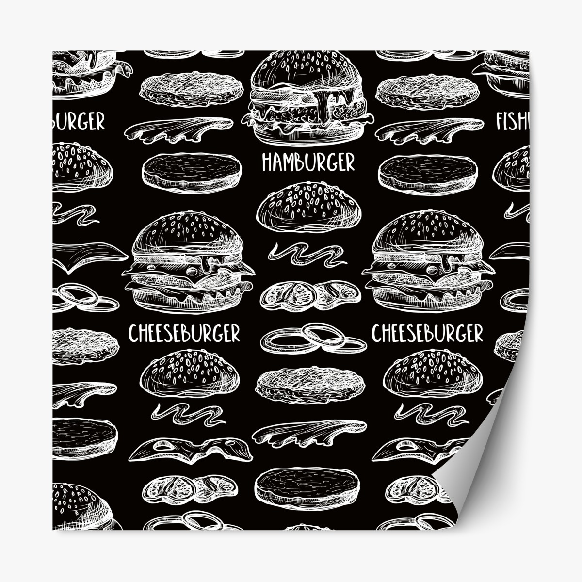 Repositionable sticker hand-drawn burger pattern on black background