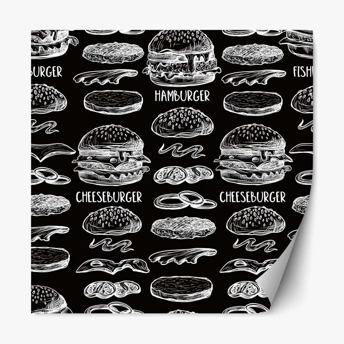 Naklejka repozycjonowalna ręcznie rysowany wzór burgerów na czarnym tle – Wallissimo® Naklejka repozycjonowalna ręcznie rysowany wzór burgerów na czarnym tle – Wallissimo®