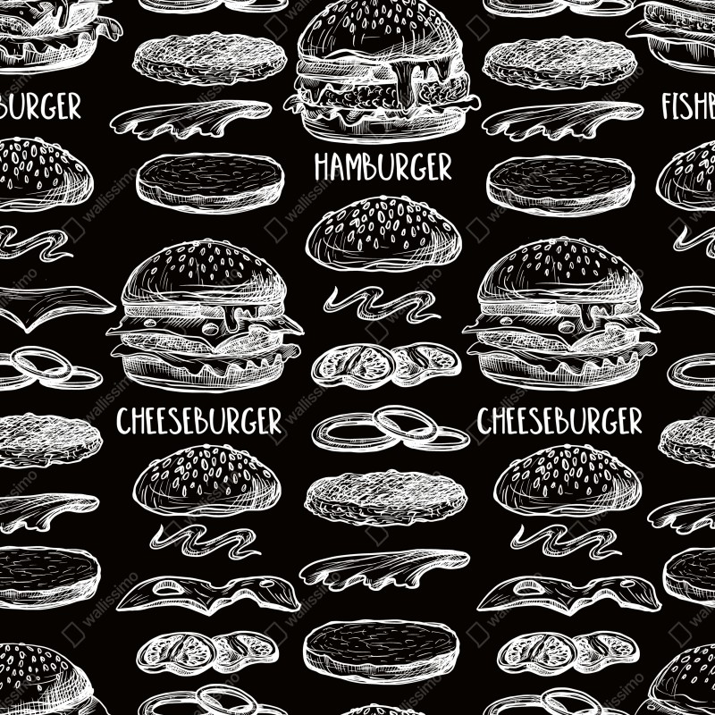 Naklejka repozycjonowalna ręcznie rysowany wzór burgerów na czarnym tle – Wallissimo® Naklejka repozycjonowalna ręcznie rysowany wzór burgerów na czarnym tle – Wallissimo®