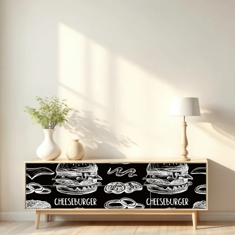 Naklejka repozycjonowalna ręcznie rysowany wzór burgerów na czarnym tle – Wallissimo® Naklejka repozycjonowalna ręcznie rysowany wzór burgerów na czarnym tle – Wallissimo®