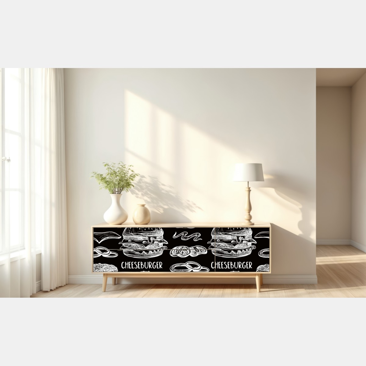 Naklejka repozycjonowalna ręcznie rysowany wzór burgerów na czarnym tle – Wallissimo® Naklejka repozycjonowalna ręcznie rysowany wzór burgerów na czarnym tle – Wallissimo®