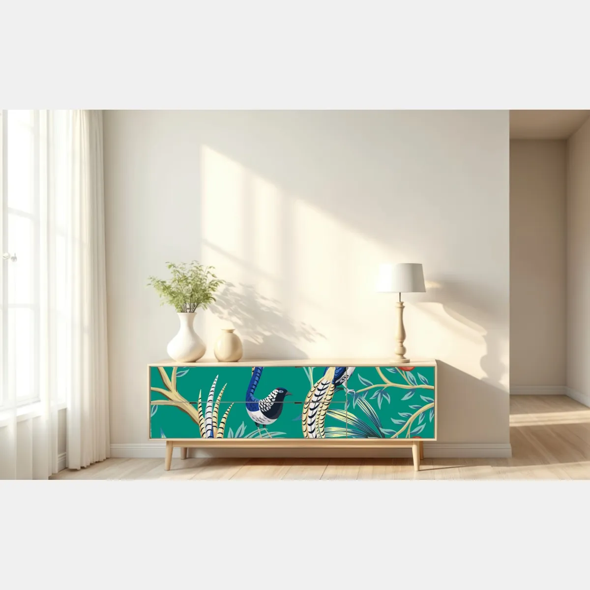 Naklejka repozycjonowalna egzotyczny wzór z ptakami i granatami – Wallissimo® Naklejka repozycjonowalna egzotyczny wzór z ptakami i granatami – Wallissimo®