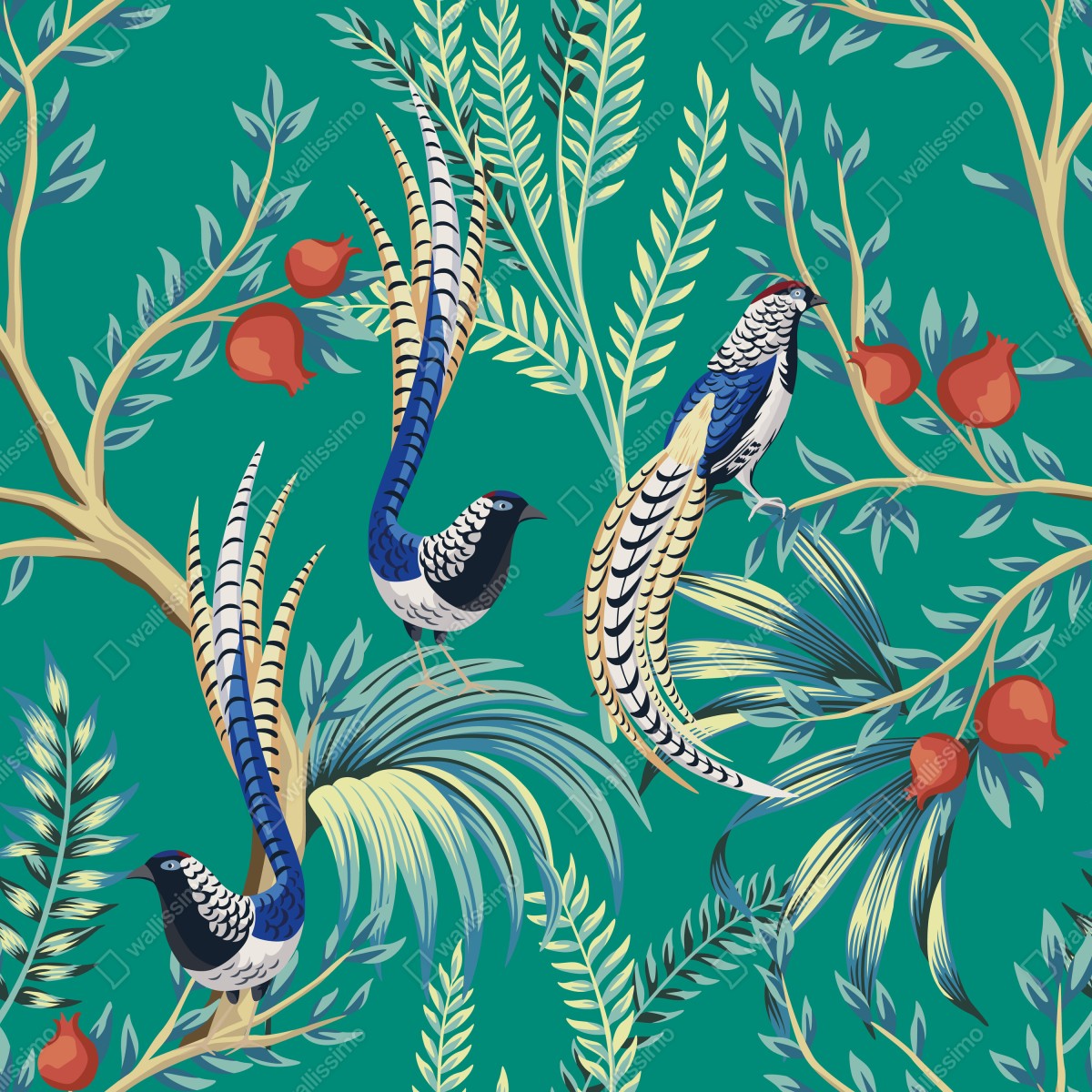 Naklejka repozycjonowalna egzotyczny wzór z ptakami i granatami – Wallissimo® Naklejka repozycjonowalna egzotyczny wzór z ptakami i granatami – Wallissimo®