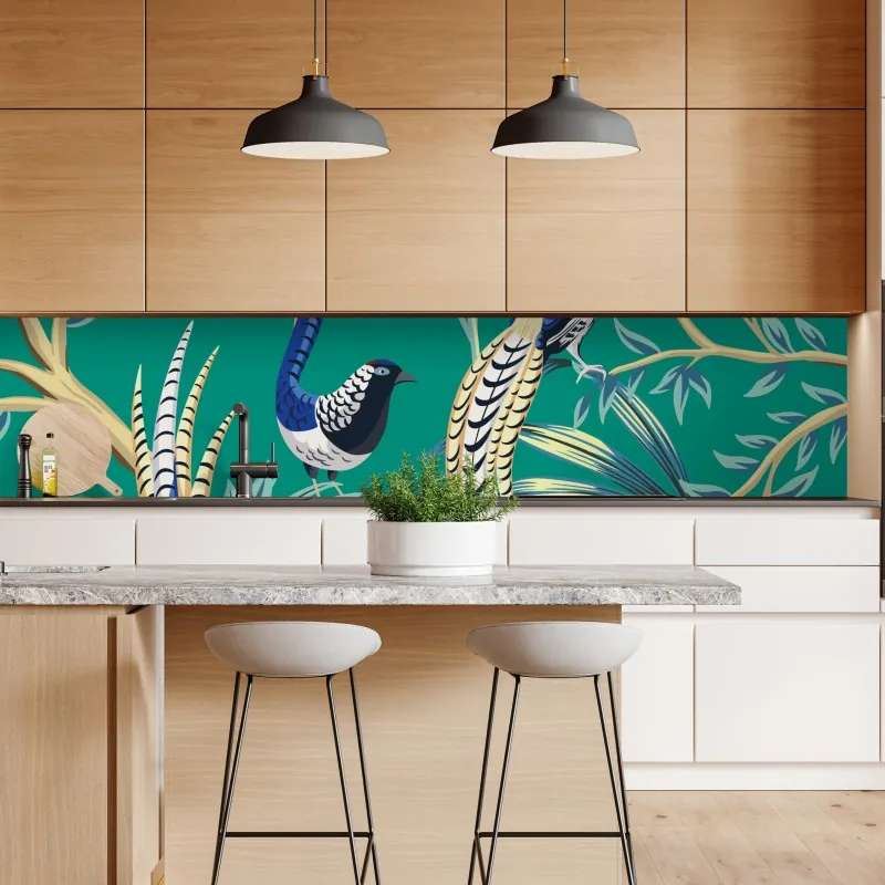 Naklejka repozycjonowalna egzotyczny wzór z ptakami i granatami – Wallissimo® Naklejka repozycjonowalna egzotyczny wzór z ptakami i granatami – Wallissimo®