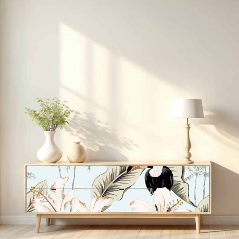 Naklejka repozycjonowalna tropikalny motyw z tukanem i hibiskusem – Wallissimo® Naklejka repozycjonowalna tropikalny motyw z tukanem i hibiskusem – Wallissimo®