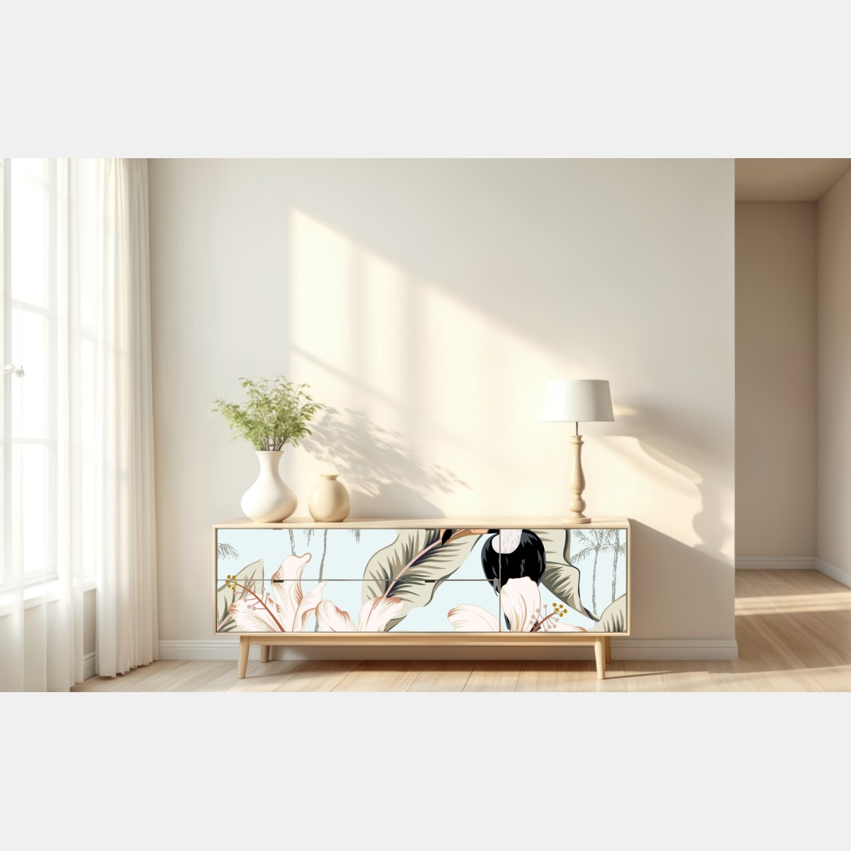 Naklejka repozycjonowalna tropikalny motyw z tukanem i hibiskusem – Wallissimo® Naklejka repozycjonowalna tropikalny motyw z tukanem i hibiskusem – Wallissimo®