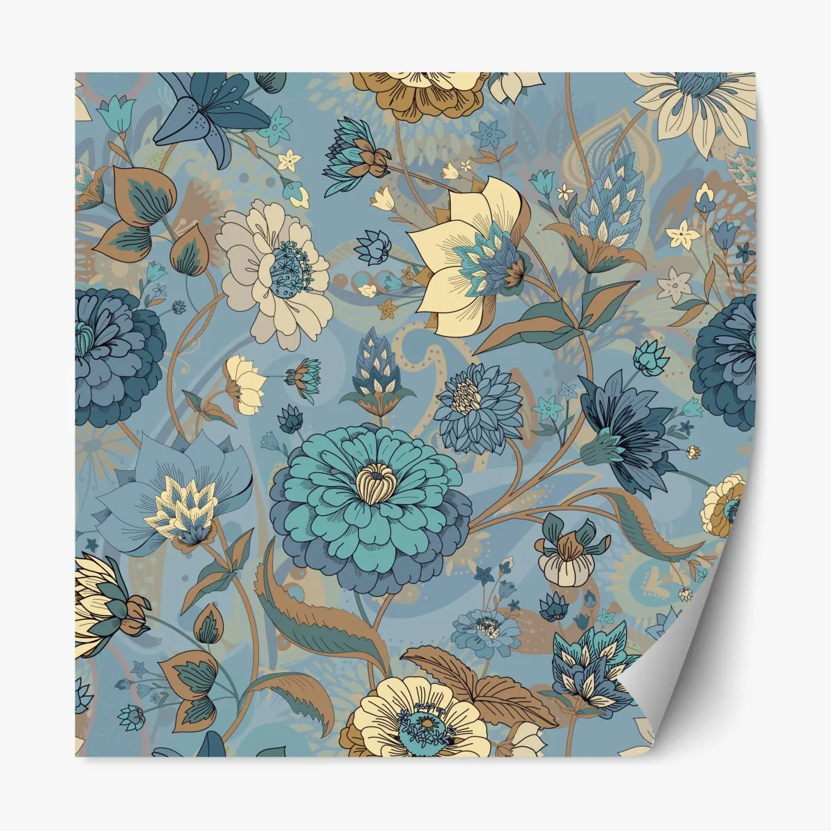 Naklejka repozycjonowalna wzór kwiatowy w stonowanych niebiesko-beżowych odcieniach – Wallissimo® Naklejka repozycjonowalna wzór kwiatowy w stonowanych niebiesko-beżowych odcieniach – Wallissimo®