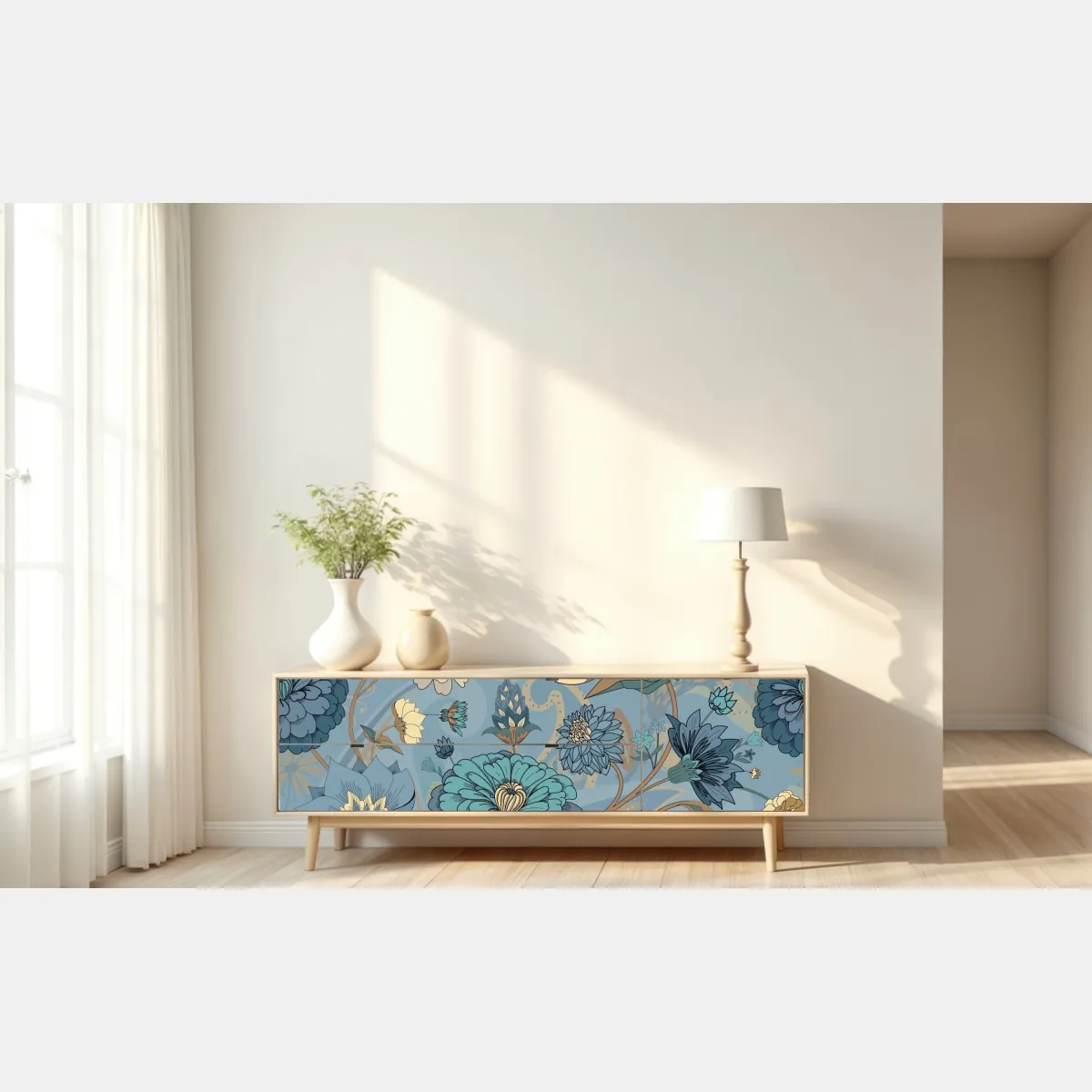 Naklejka repozycjonowalna wzór kwiatowy w stonowanych niebiesko-beżowych odcieniach – Wallissimo® Naklejka repozycjonowalna wzór kwiatowy w stonowanych niebiesko-beżowych odcieniach – Wallissimo®