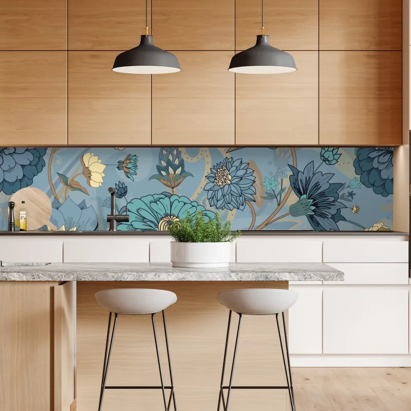 Naklejka repozycjonowalna wzór kwiatowy w stonowanych niebiesko-beżowych odcieniach – Wallissimo® Naklejka repozycjonowalna wzór kwiatowy w stonowanych niebiesko-beżowych odcieniach – Wallissimo®