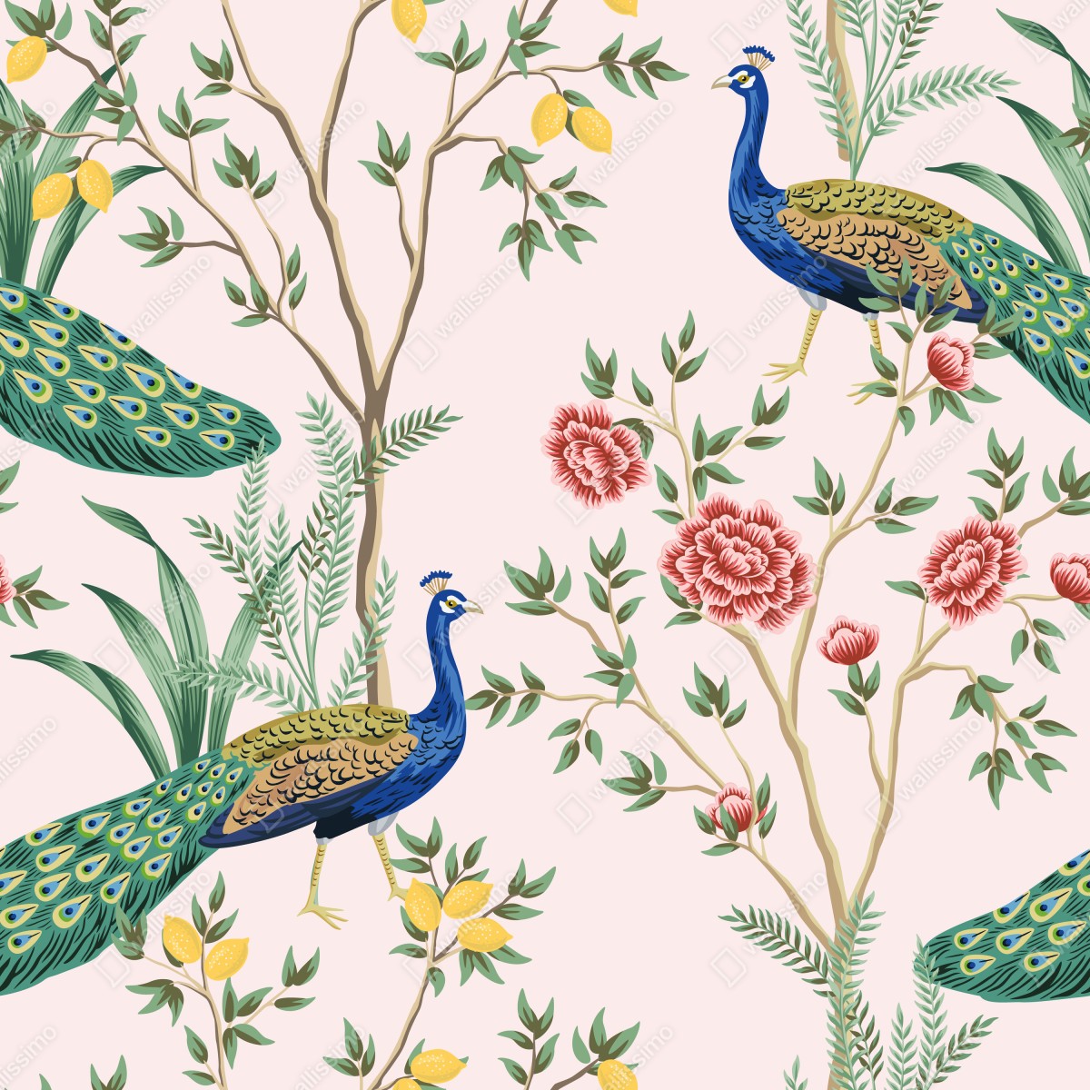 Naklejka repozycjonowalna elegancki wzór z pawiem i kwiatami na różowym tle – Wallissimo® Naklejka repozycjonowalna elegancki wzór z pawiem i kwiatami na różowym tle – Wallissimo®