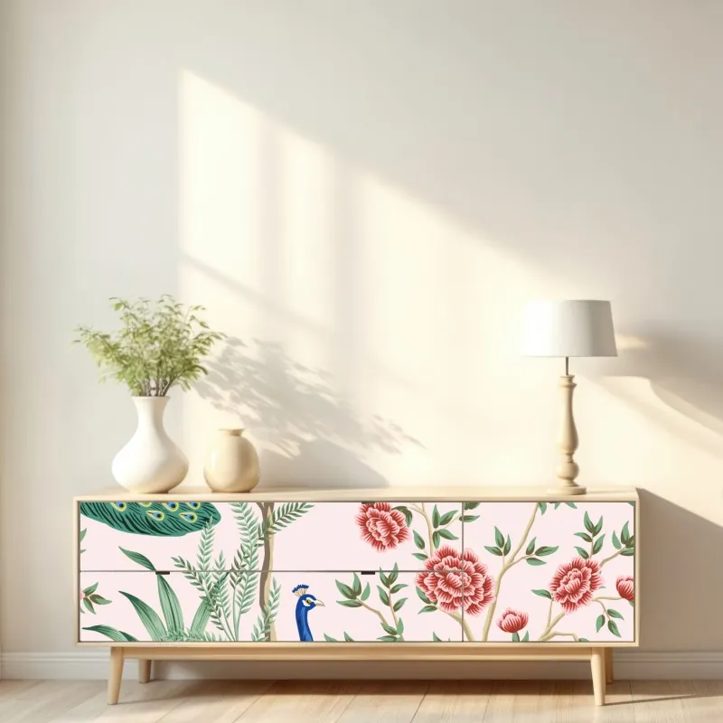 Naklejka repozycjonowalna elegancki wzór z pawiem i kwiatami na różowym tle – Wallissimo® Naklejka repozycjonowalna elegancki wzór z pawiem i kwiatami na różowym tle – Wallissimo®