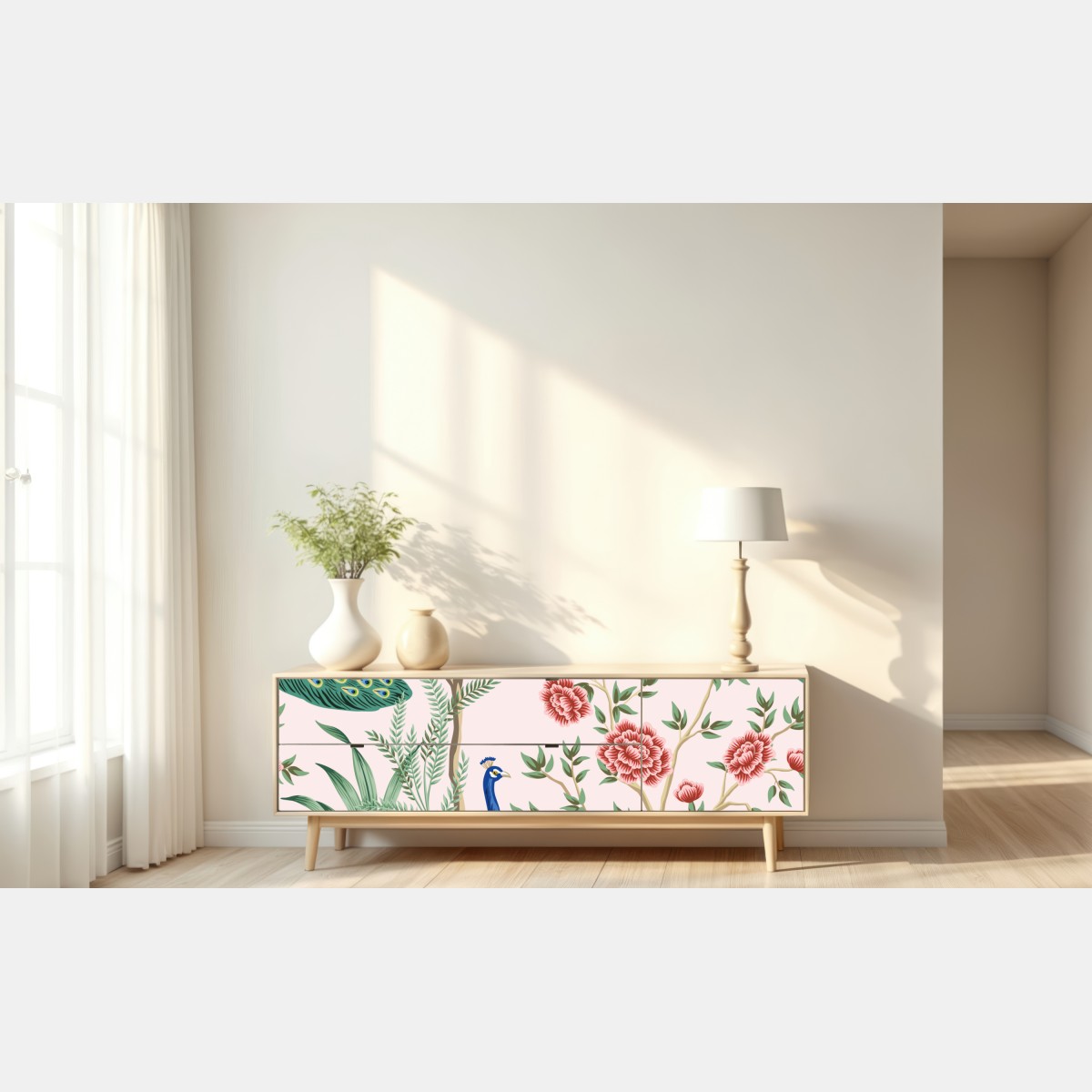 Naklejka repozycjonowalna elegancki wzór z pawiem i kwiatami na różowym tle – Wallissimo® Naklejka repozycjonowalna elegancki wzór z pawiem i kwiatami na różowym tle – Wallissimo®