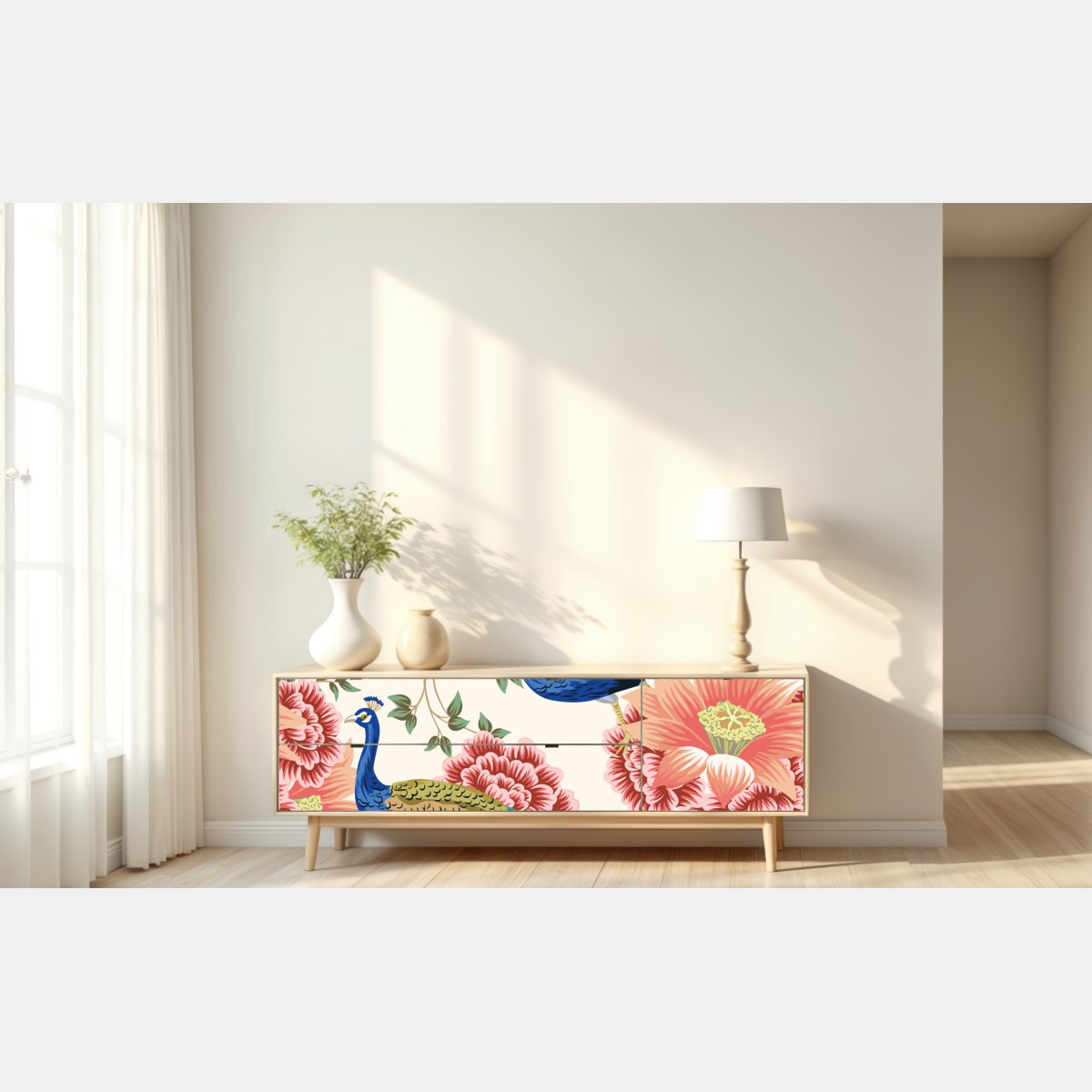 Naklejka repozycjonowalna elegancki wzór z pawiem i kwiatami – Wallissimo® Naklejka repozycjonowalna elegancki wzór z pawiem i kwiatami – Wallissimo®