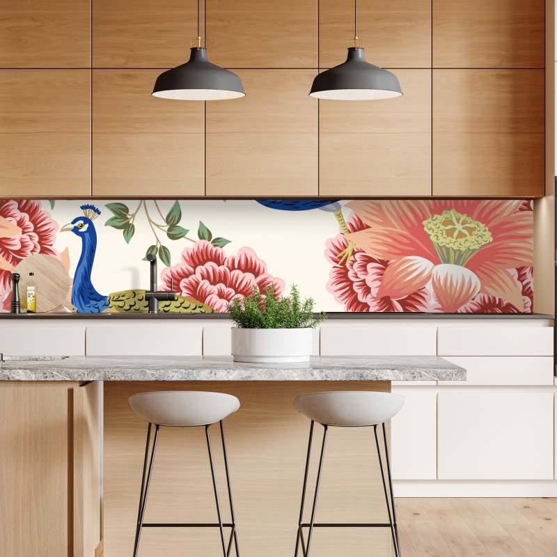 Naklejka repozycjonowalna elegancki wzór z pawiem i kwiatami – Wallissimo® Naklejka repozycjonowalna elegancki wzór z pawiem i kwiatami – Wallissimo®