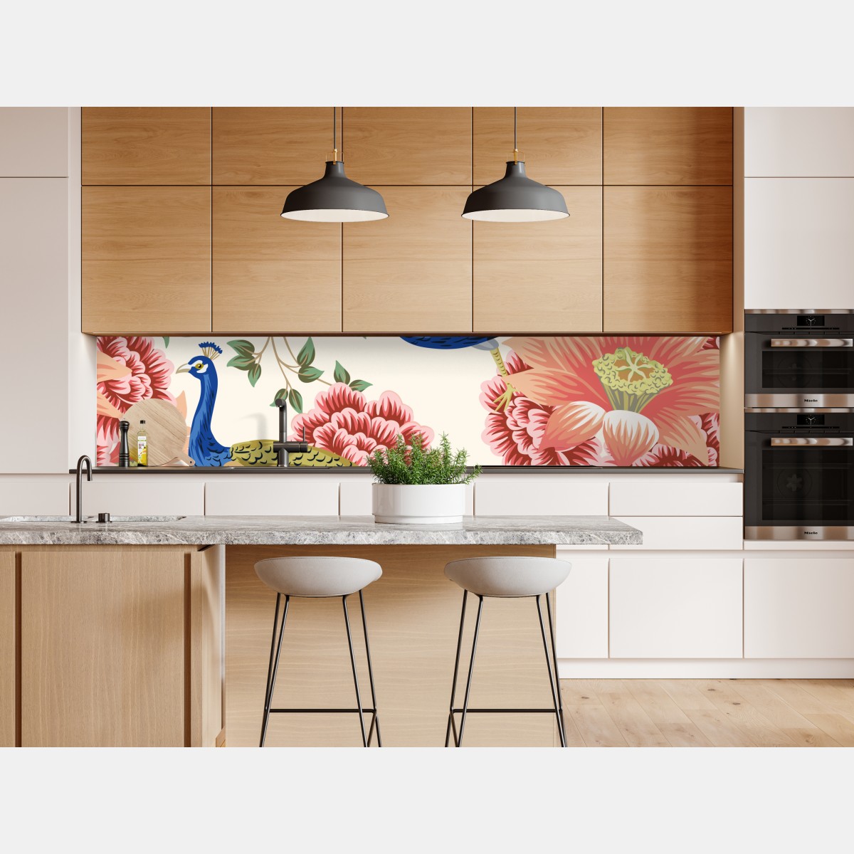 Naklejka repozycjonowalna elegancki wzór z pawiem i kwiatami – Wallissimo® Naklejka repozycjonowalna elegancki wzór z pawiem i kwiatami – Wallissimo®