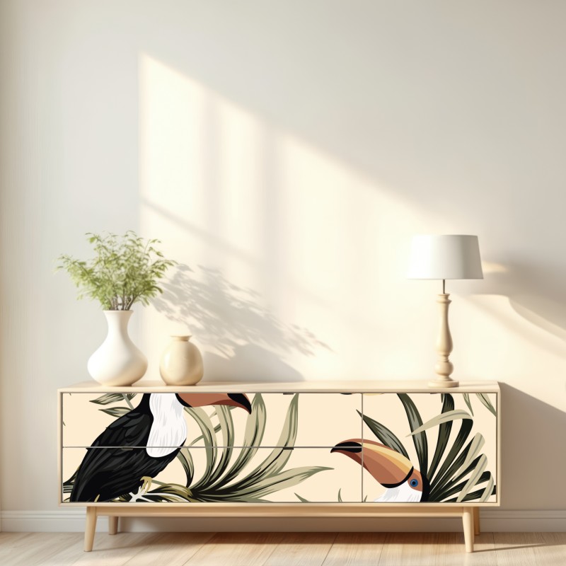 Naklejka repozycjonowalna tropikalny wzór z tukanami – Wallissimo® Naklejka repozycjonowalna tropikalny wzór z tukanami – Wallissimo®