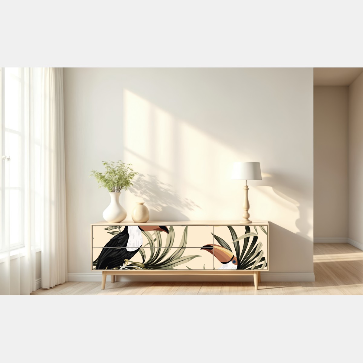 Naklejka repozycjonowalna tropikalny wzór z tukanami – Wallissimo® Naklejka repozycjonowalna tropikalny wzór z tukanami – Wallissimo®