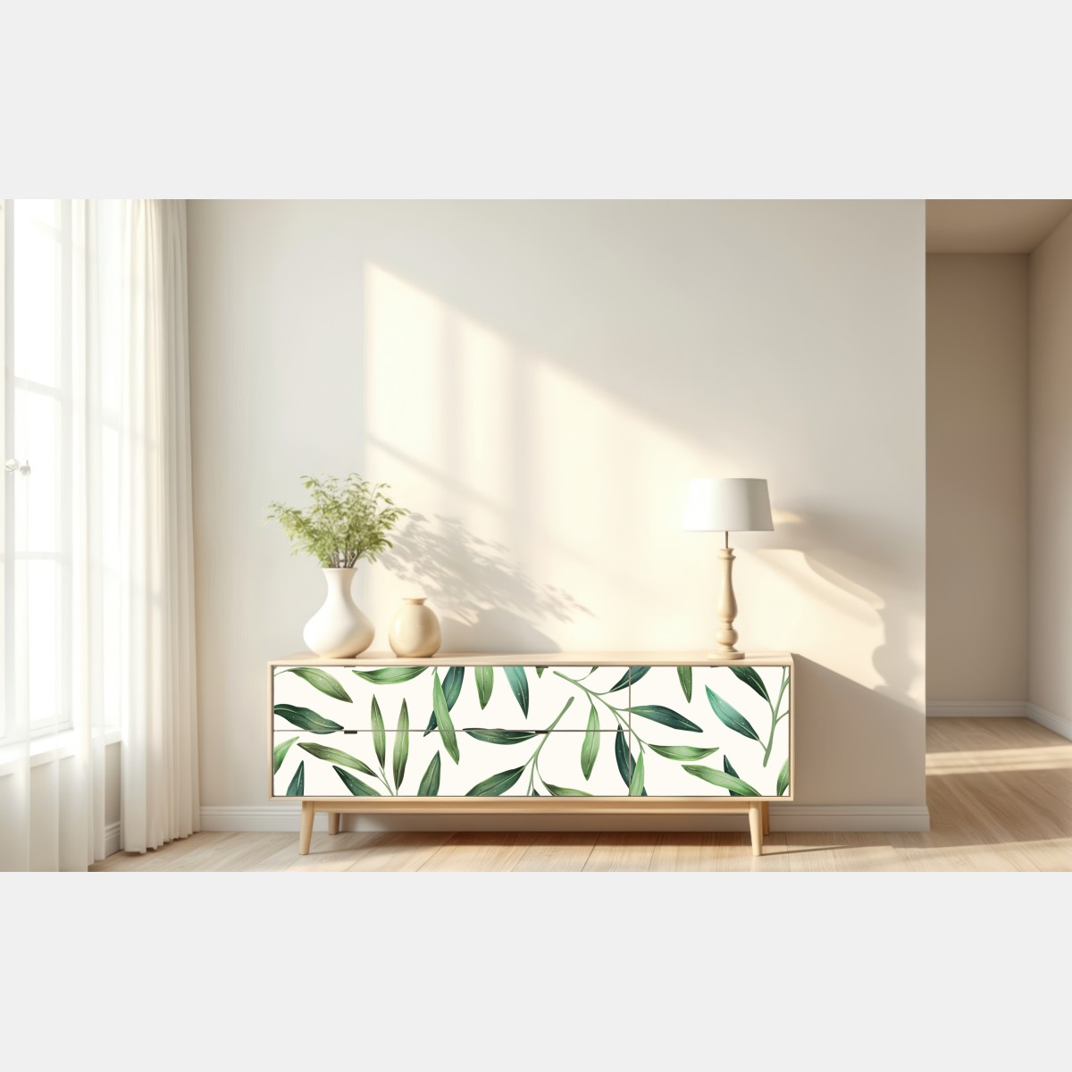 Naklejka repozycjonowalna zielony akwarelowy wzór liści – Wallissimo® Naklejka repozycjonowalna zielony akwarelowy wzór liści – Wallissimo®