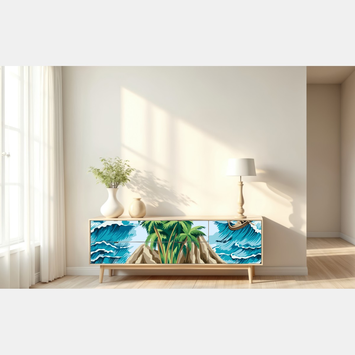 Naklejka repozycjonowalna tropikalna wyspa i fale – Wallissimo® Naklejka repozycjonowalna tropikalna wyspa i fale – Wallissimo®