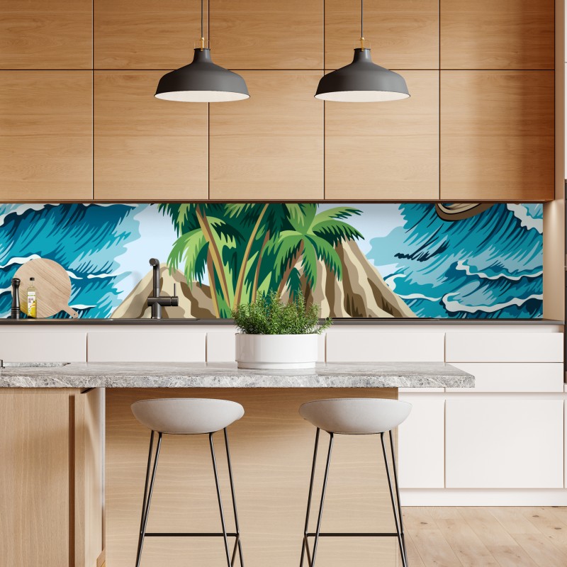 Naklejka repozycjonowalna tropikalna wyspa i fale – Wallissimo® Naklejka repozycjonowalna tropikalna wyspa i fale – Wallissimo®