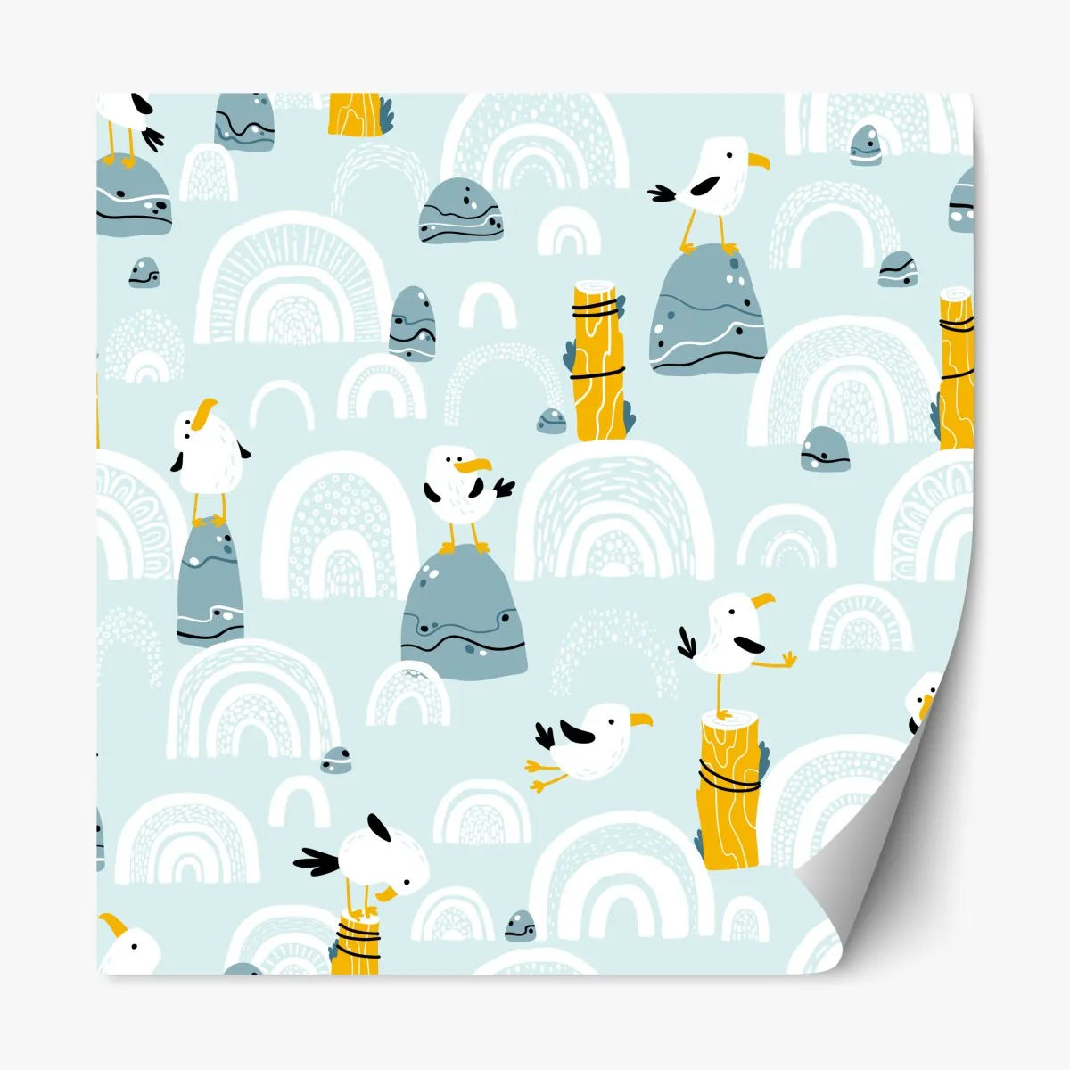 Naklejka repozycjonowalna wesołe mewy na pastelowych łukach – Wallissimo® Naklejka repozycjonowalna wesołe mewy na pastelowych łukach – Wallissimo®