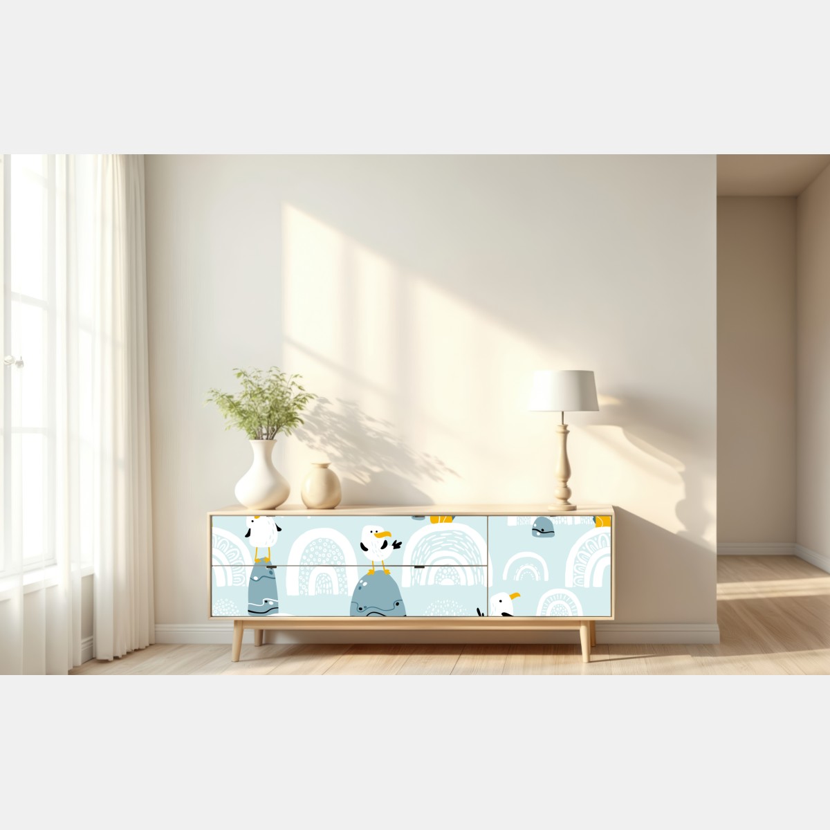 Naklejka repozycjonowalna wesołe mewy na pastelowych łukach – Wallissimo® Naklejka repozycjonowalna wesołe mewy na pastelowych łukach – Wallissimo®