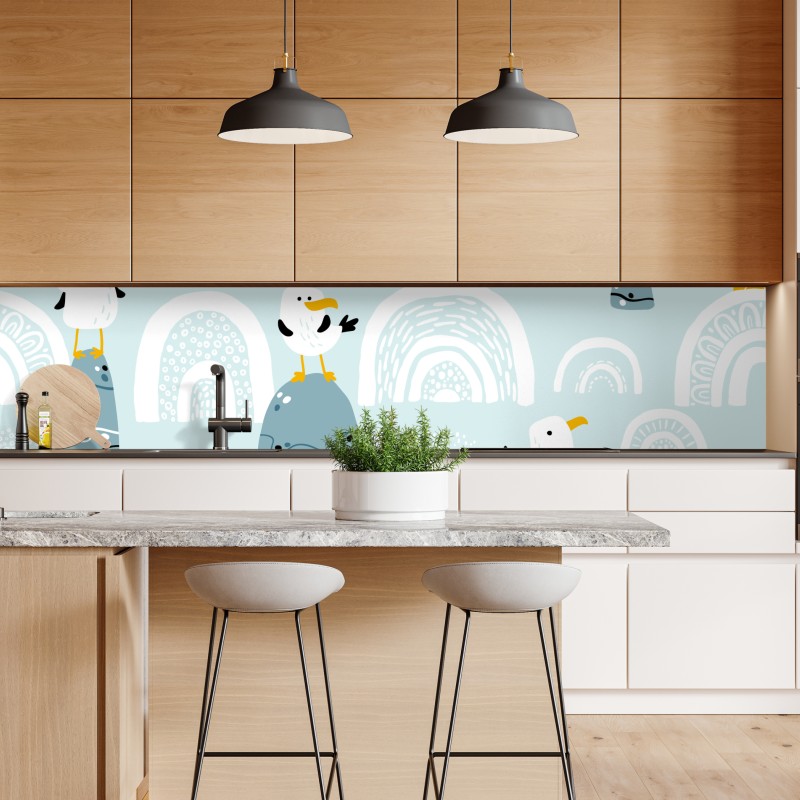 Naklejka repozycjonowalna wesołe mewy na pastelowych łukach – Wallissimo® Naklejka repozycjonowalna wesołe mewy na pastelowych łukach – Wallissimo®
