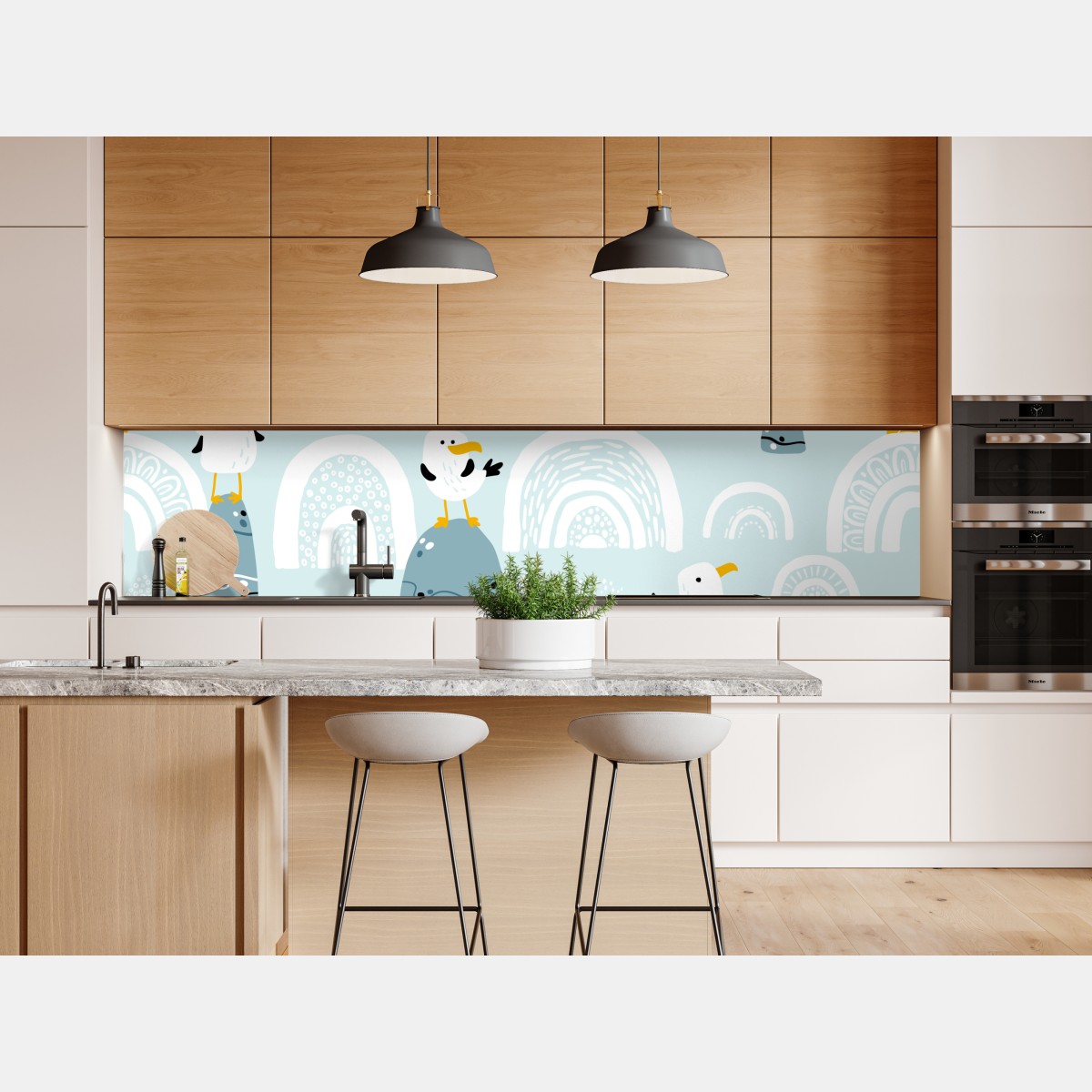 Naklejka repozycjonowalna wesołe mewy na pastelowych łukach – Wallissimo® Naklejka repozycjonowalna wesołe mewy na pastelowych łukach – Wallissimo®