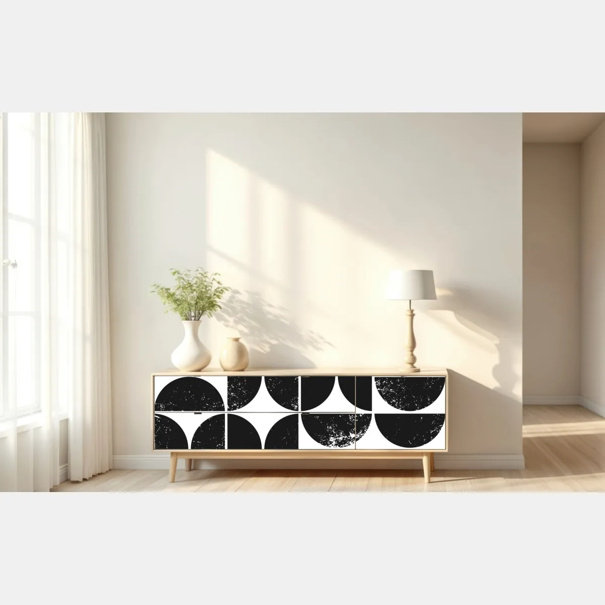 Naklejka repozycjonowalna czarny geometryczny wzór z kół i półkół – Wallissimo® Naklejka repozycjonowalna czarny geometryczny wzór z kół i półkół – Wallissimo®