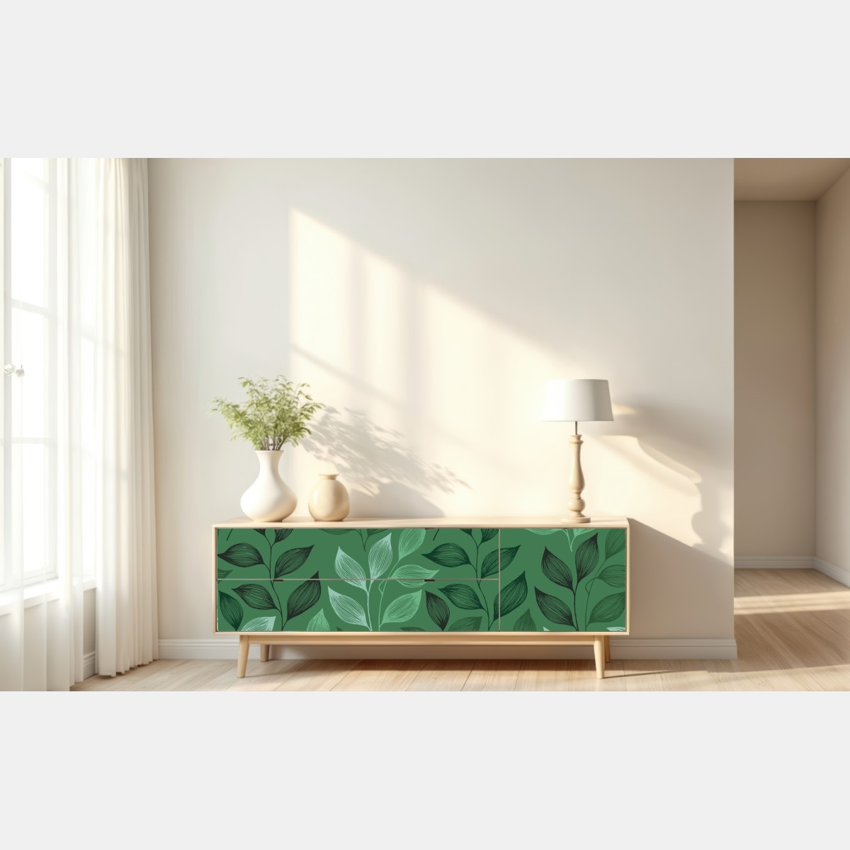 Naklejka repozycjonowalna zielony botaniczny wzór liści – Wallissimo® Naklejka repozycjonowalna zielony botaniczny wzór liści – Wallissimo®