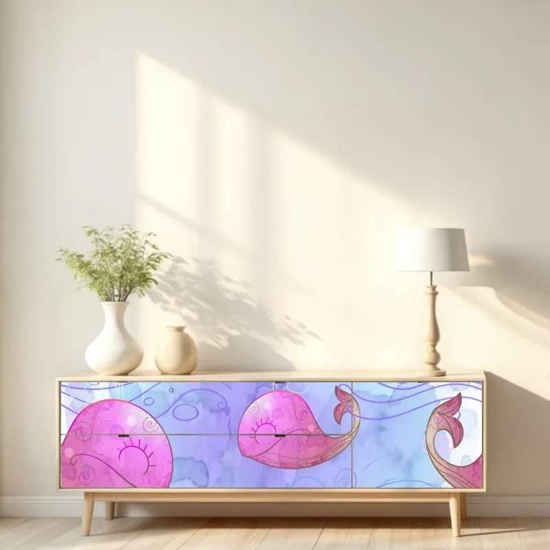 Naklejka repozycjonowalna akwarelowy wzór z wielorybami do pokoju dziecięcego – Wallissimo® Naklejka repozycjonowalna akwarelowy wzór z wielorybami do pokoju dziecięcego – Wallissimo®