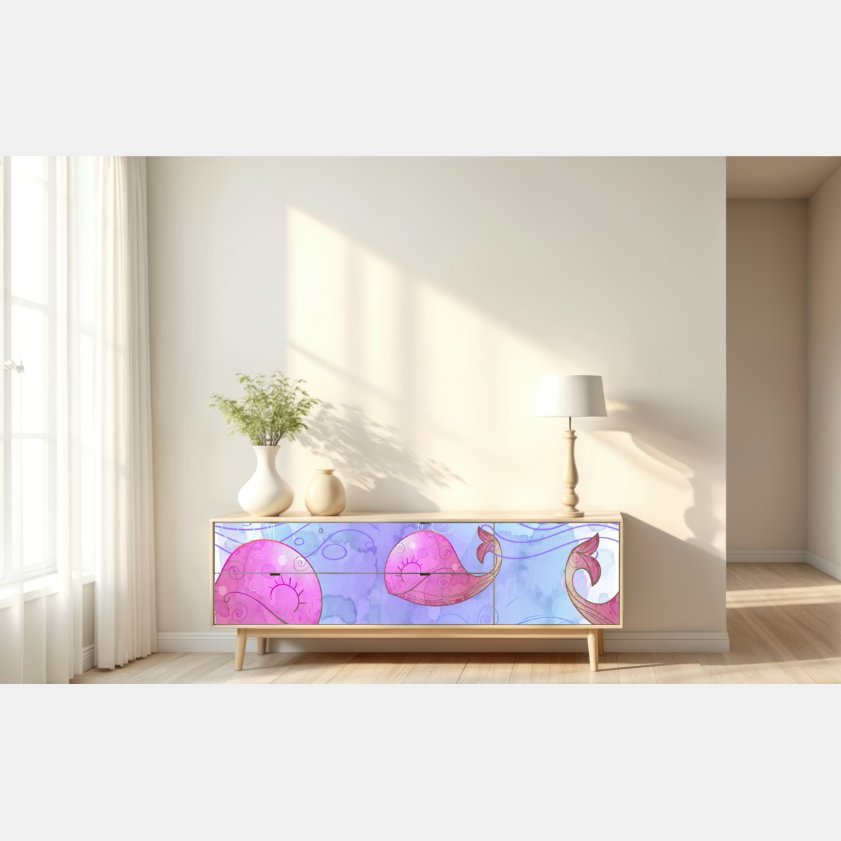 Naklejka repozycjonowalna akwarelowy wzór z wielorybami do pokoju dziecięcego – Wallissimo® Naklejka repozycjonowalna akwarelowy wzór z wielorybami do pokoju dziecięcego – Wallissimo®