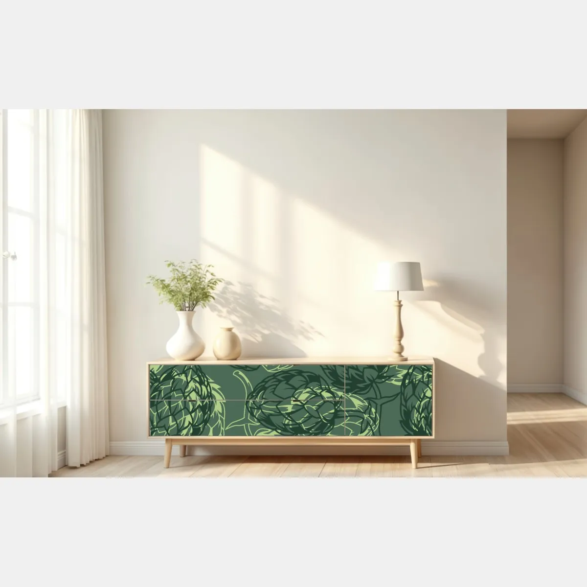 Naklejka repozycjonowalna zielony wzór szyszek chmielu – Wallissimo® Naklejka repozycjonowalna zielony wzór szyszek chmielu – Wallissimo®