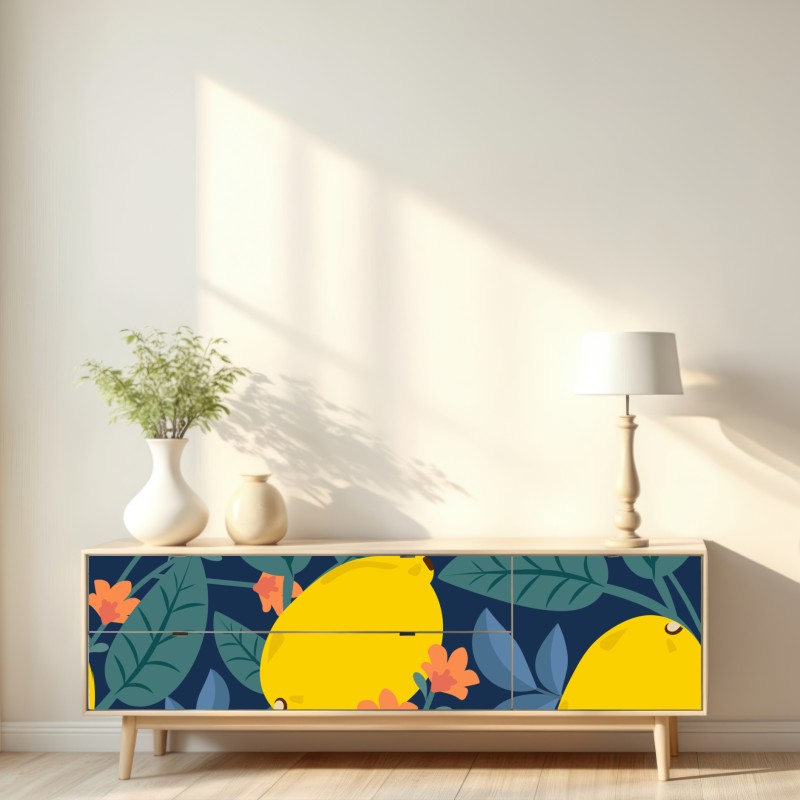 Naklejka repozycjonowalna jaskrawy botaniczny wzór z cytrynami – Wallissimo® Naklejka repozycjonowalna jaskrawy botaniczny wzór z cytrynami – Wallissimo®