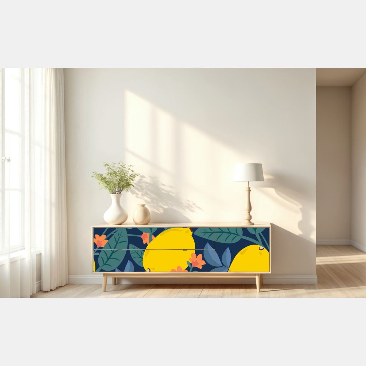 Naklejka repozycjonowalna jaskrawy botaniczny wzór z cytrynami – Wallissimo® Naklejka repozycjonowalna jaskrawy botaniczny wzór z cytrynami – Wallissimo®