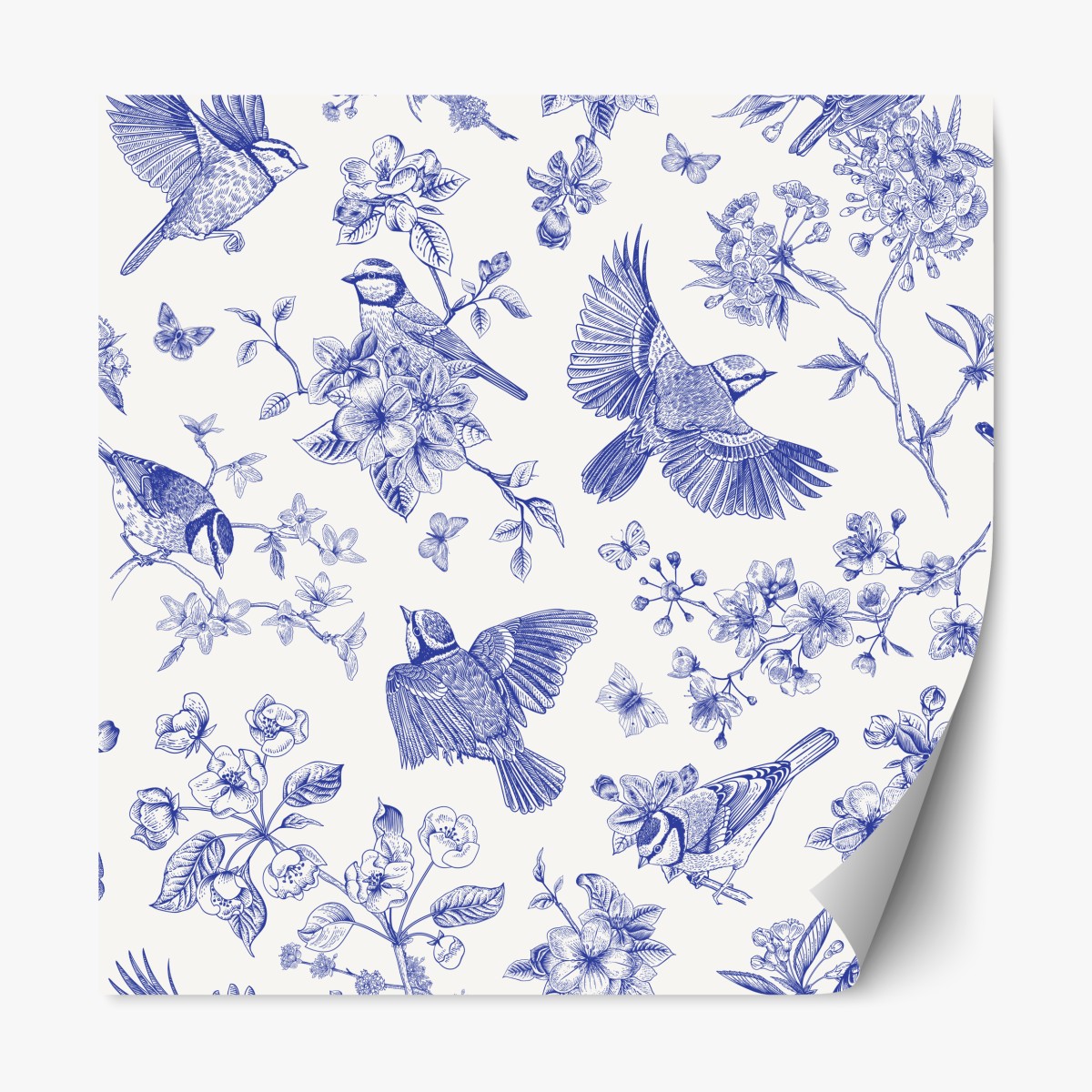 Repositionable sticker blue vintage bird and blossom pattern