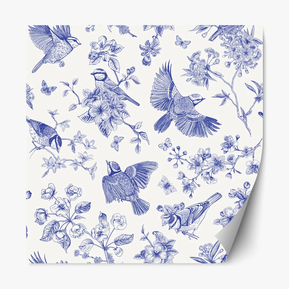 Naklejka repozycjonowalna niebieski wzór ptaków i kwiatów w stylu vintage – Wallissimo® Naklejka repozycjonowalna niebieski wzór ptaków i kwiatów w stylu vintage – Wallissimo®