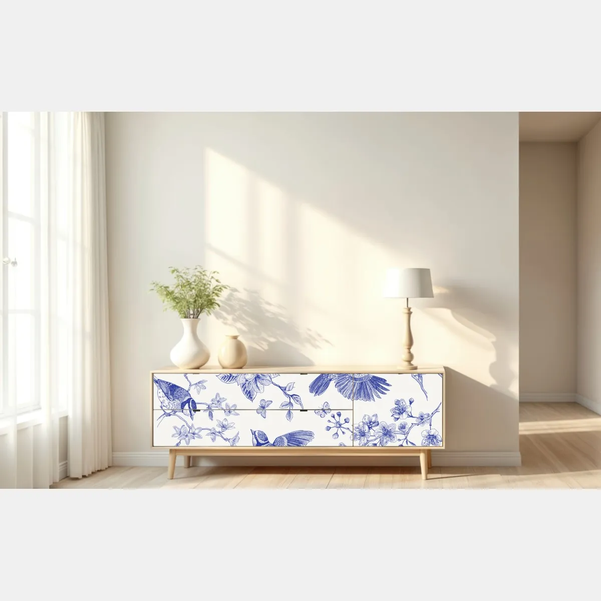 Naklejka repozycjonowalna niebieski wzór ptaków i kwiatów w stylu vintage – Wallissimo® Naklejka repozycjonowalna niebieski wzór ptaków i kwiatów w stylu vintage – Wallissimo®