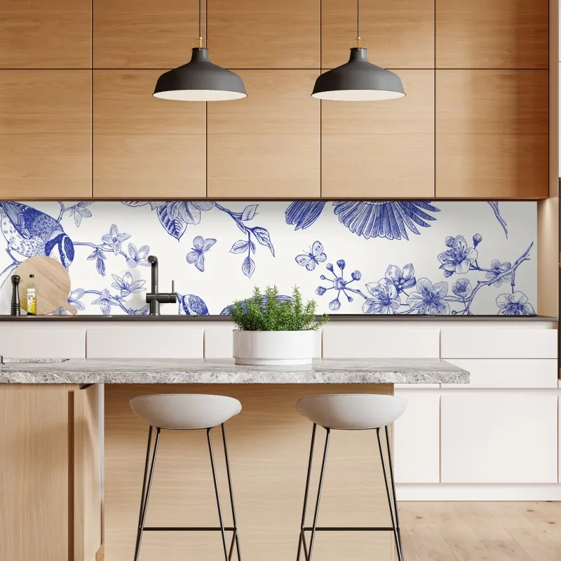 Naklejka repozycjonowalna niebieski wzór ptaków i kwiatów w stylu vintage – Wallissimo® Naklejka repozycjonowalna niebieski wzór ptaków i kwiatów w stylu vintage – Wallissimo®
