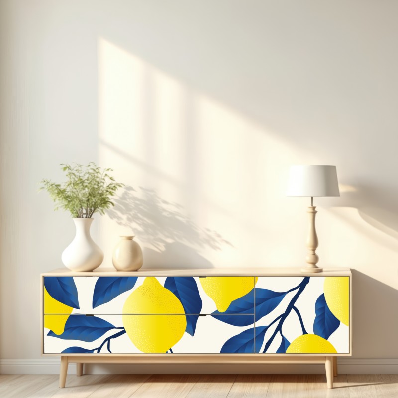 Naklejka repozycjonowalna żywy wzór cytryn z niebieskimi liśćmi – Wallissimo® Naklejka repozycjonowalna żywy wzór cytryn z niebieskimi liśćmi – Wallissimo®