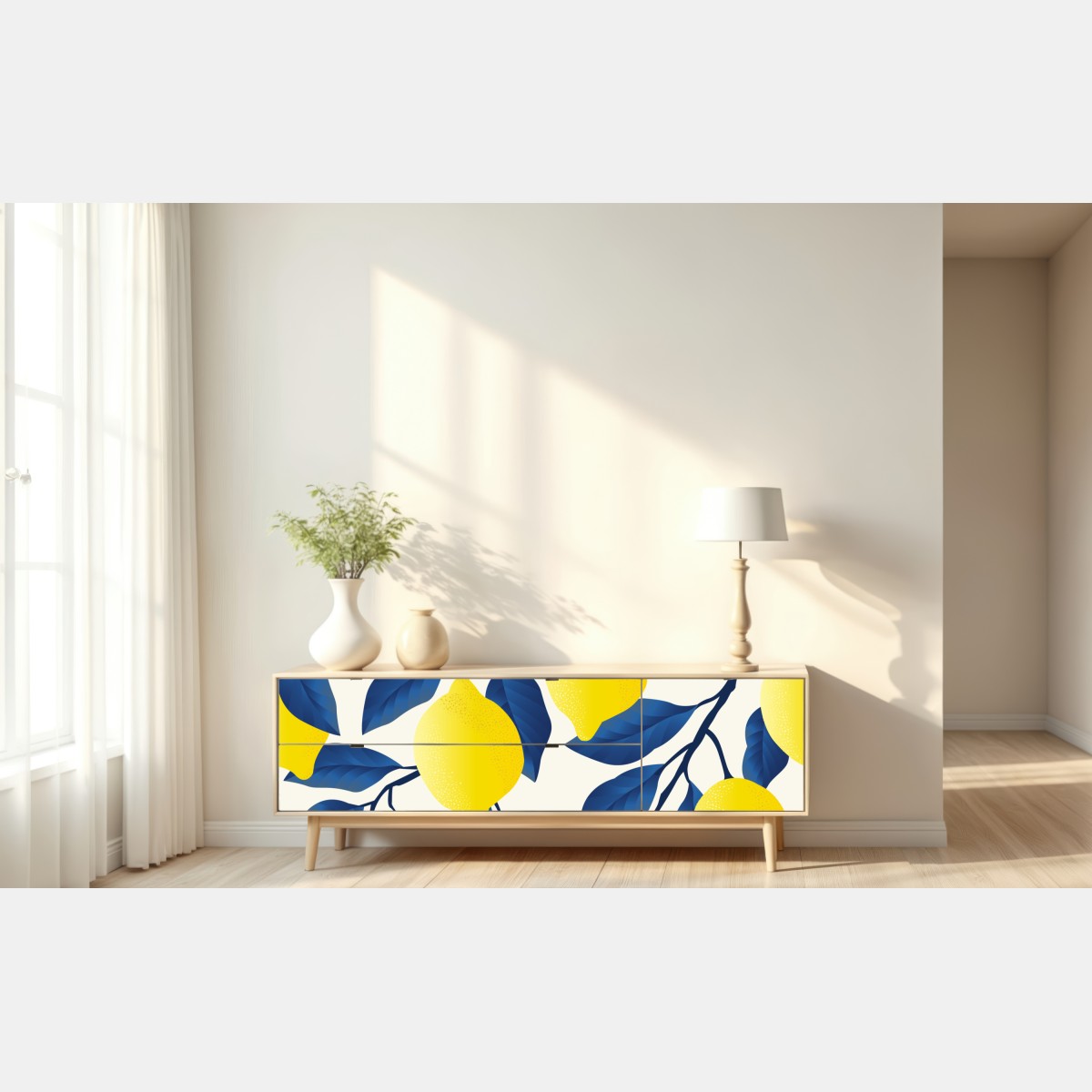 Naklejka repozycjonowalna żywy wzór cytryn z niebieskimi liśćmi – Wallissimo® Naklejka repozycjonowalna żywy wzór cytryn z niebieskimi liśćmi – Wallissimo®