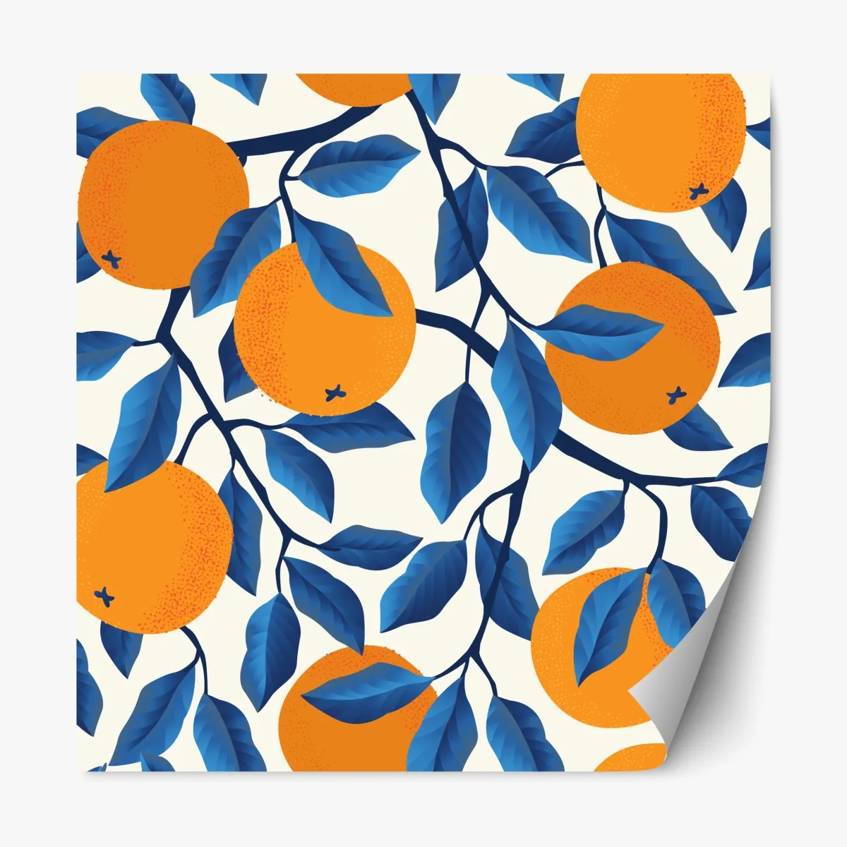 Naklejka repozycjonowalna żywy wzór cytrusów w pomarańczach i niebieskich liściach – Wallissimo® Naklejka repozycjonowalna żywy wzór cytrusów w pomarańczach i niebieskich liściach – Wallissimo®