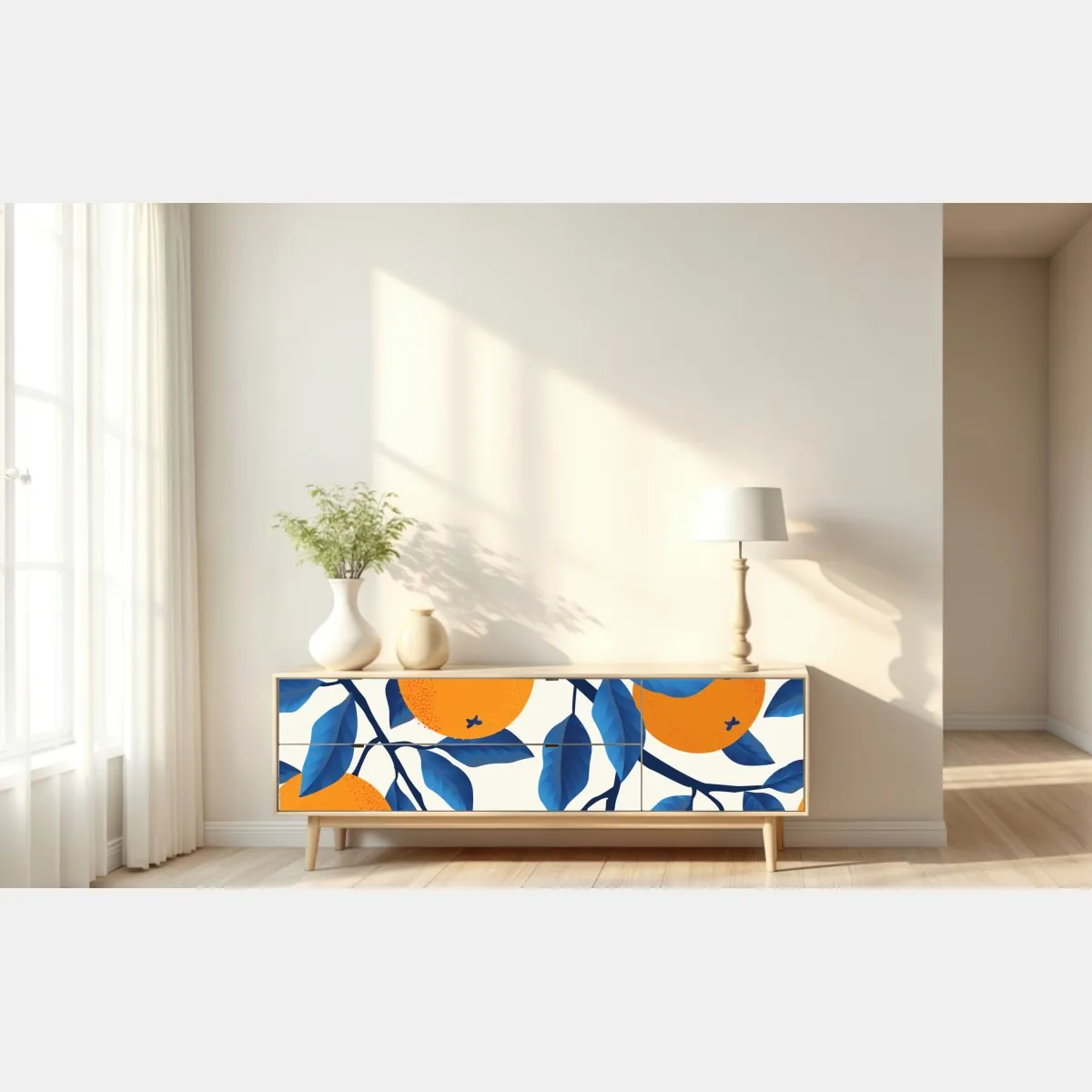 Naklejka repozycjonowalna żywy wzór cytrusów w pomarańczach i niebieskich liściach – Wallissimo® Naklejka repozycjonowalna żywy wzór cytrusów w pomarańczach i niebieskich liściach – Wallissimo®