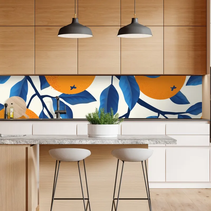 Naklejka repozycjonowalna żywy wzór cytrusów w pomarańczach i niebieskich liściach – Wallissimo® Naklejka repozycjonowalna żywy wzór cytrusów w pomarańczach i niebieskich liściach – Wallissimo®