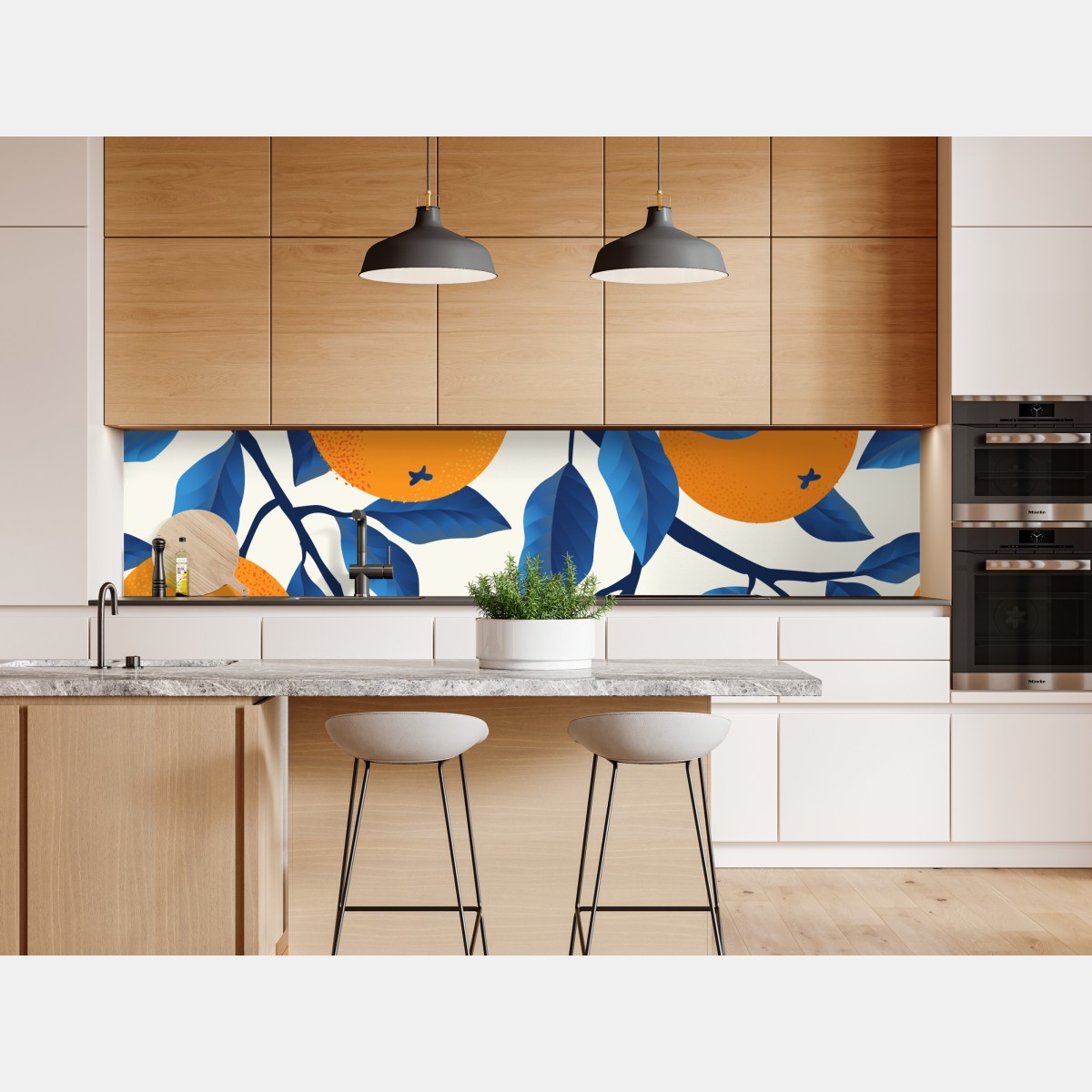 Naklejka repozycjonowalna żywy wzór cytrusów w pomarańczach i niebieskich liściach – Wallissimo® Naklejka repozycjonowalna żywy wzór cytrusów w pomarańczach i niebieskich liściach – Wallissimo®