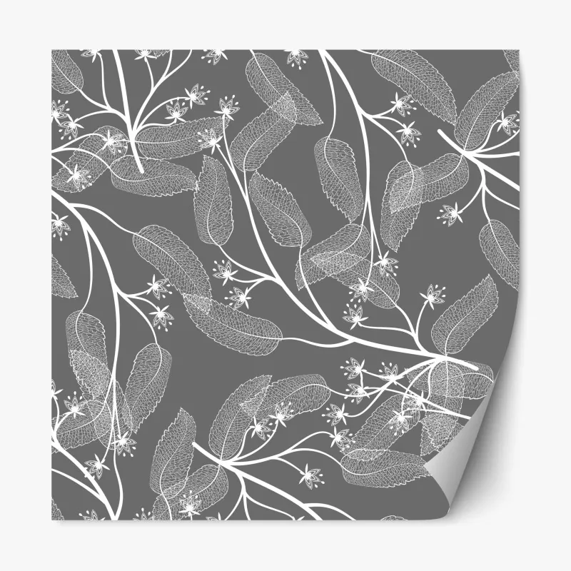 Naklejka repozycjonowalna delikatne białe liście na szarym tle